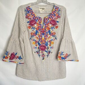 Savanna Jane Embroidered‎ Floral Stripe Popover Top 3/4 Bell Sleeve Beige Sz M